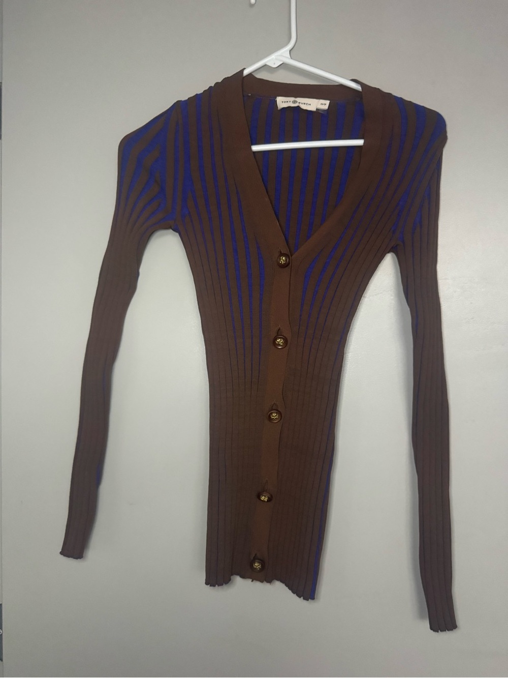 Tory Burch Shrunken Ribbed Cardigan in Brown Blue XS